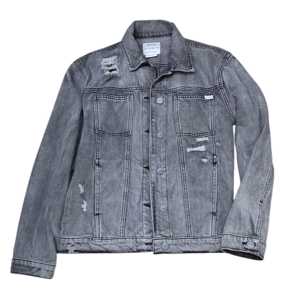 RVCA Denim Jacket Gray Distressed Button Front Pockets EUC Size XS